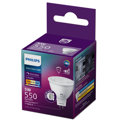 PHILIPS 3-IN-1 SELECTABLE LED MR16 SPOTLIGHT DIMMABLE 5W 3CTMR16DIM